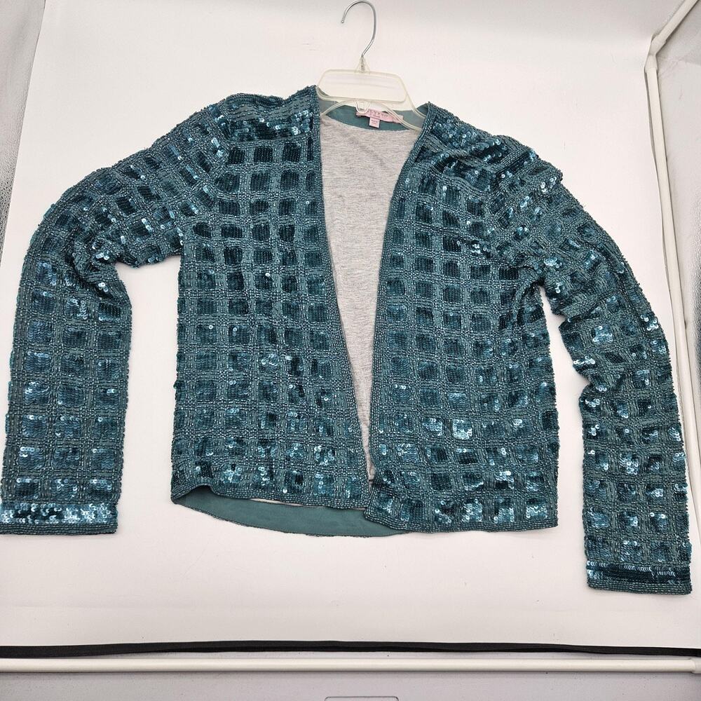 Calypso St. Barth Sequin Cardigan Womens Small Teal Open Front Silk Blend Party